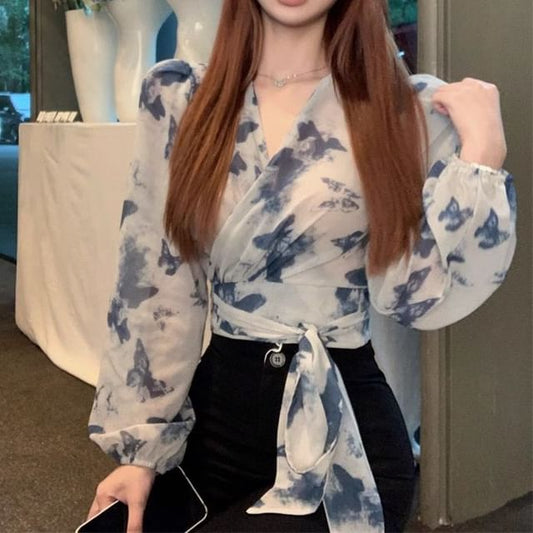 Wholesale SampleLong-Sleeve V-Neck Tie Dye Crop Top