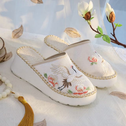 Heel Embroidered Mules Wedge