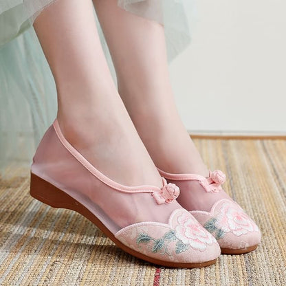 Heel Wedge Embroidered Mesh Slip-Ons