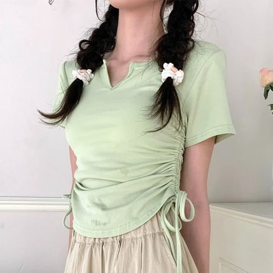 Plain Waist Drawstring Neck Notch Short-Sleeve Tee
