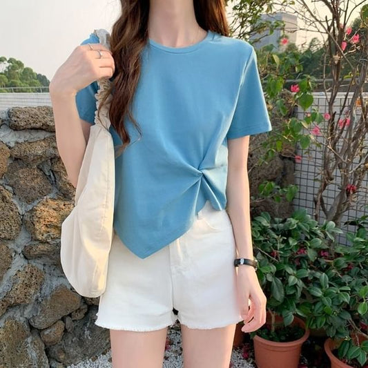 Asymmetrical Short-Sleeve Plain Neck T-Shirt Ruched Crew