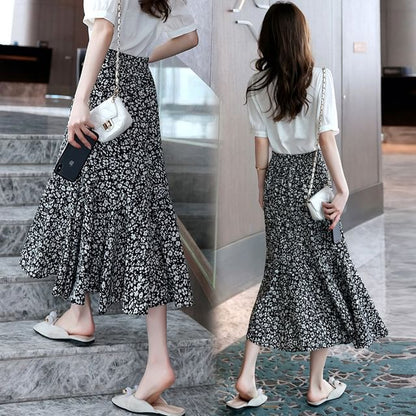 A-Line Print Midi Waist Elastic Floral Skirt