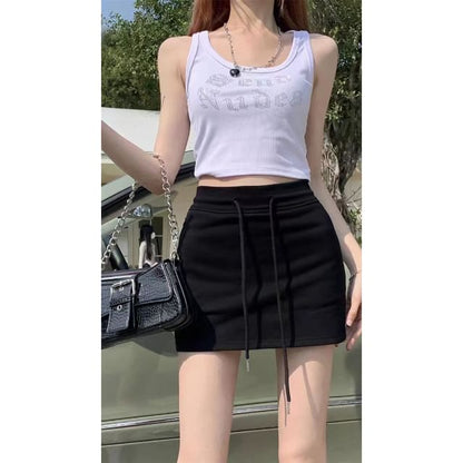 Pencil Mini Skirt Drawstring Waist Plain