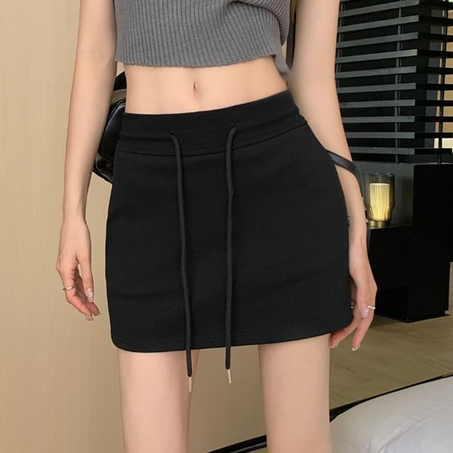 Mini Pencil Drawstring Skirt Waist Plain