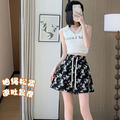 Drawstring Waist Print Shorts Butterfly