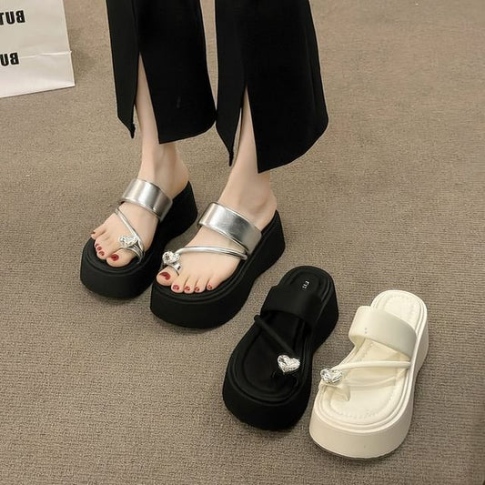 Heart Loop Slide Sandals Platform Rhinestone Toe