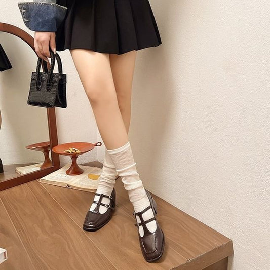 Mary Square Chunky Toe Pumps Jane Heel Double-Strap