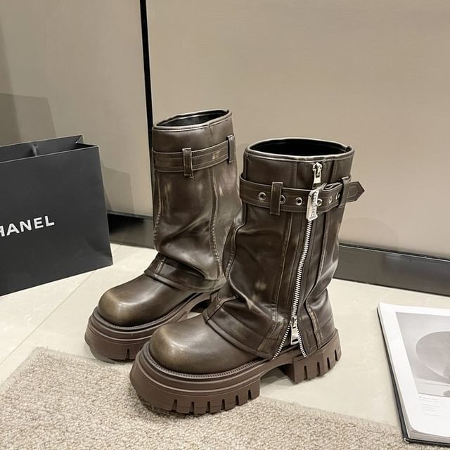 Boots Chunky Heel Mid-Calf Buckled Platform