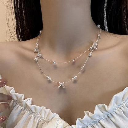 Pearl Faux Layered Butterfly Necklace