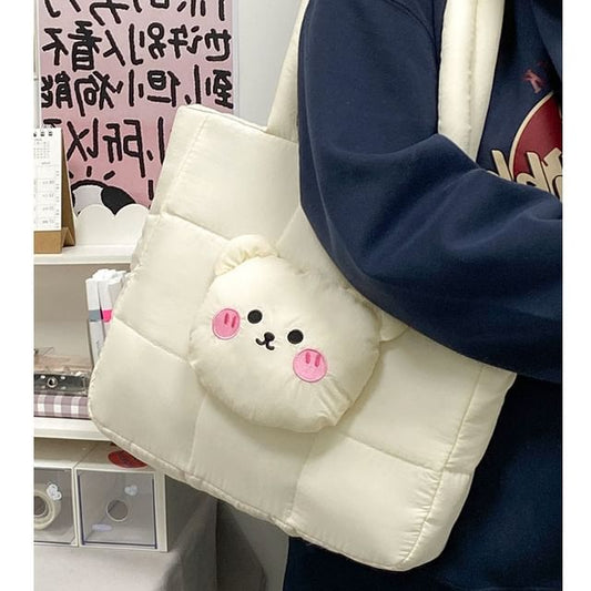 Nylon Applique Bag Quilted Bear Tote