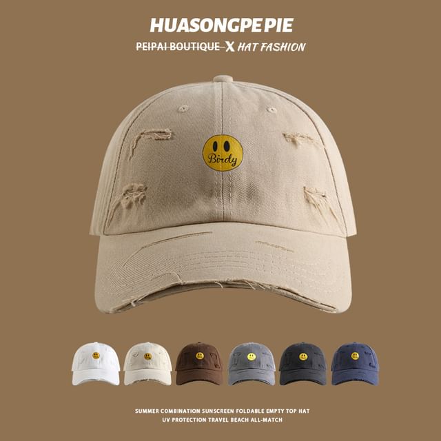 Cap Smiley Print Face Distressed Baseball