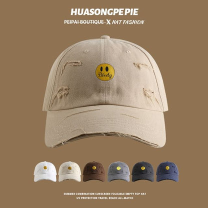 Cap Smiley Print Face Distressed Baseball