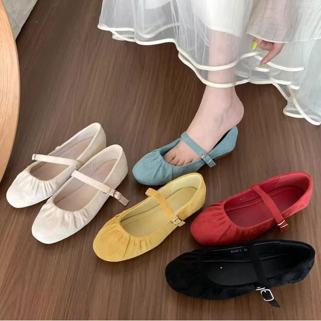 Sample Plain Ruched Faux Suede Mary Jane Flats