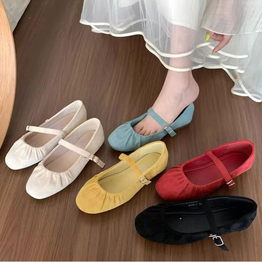 Sample Plain Ruched Faux Suede Mary Jane Flats