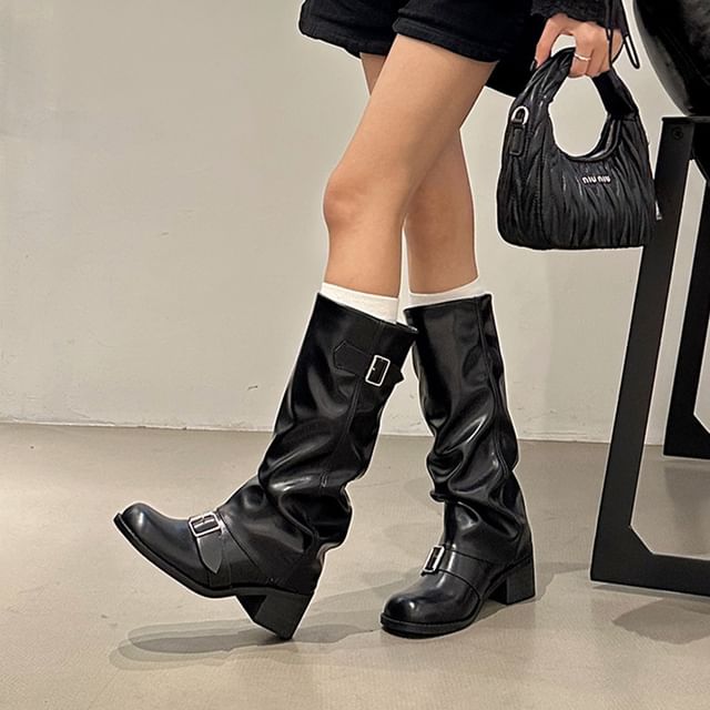 Sample Chunky Heel Plain Buckled Faux Leather Tall Boots