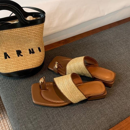 Sample Chunky Heel Square Toe Metal Accent Straw Toe Loop Sandals