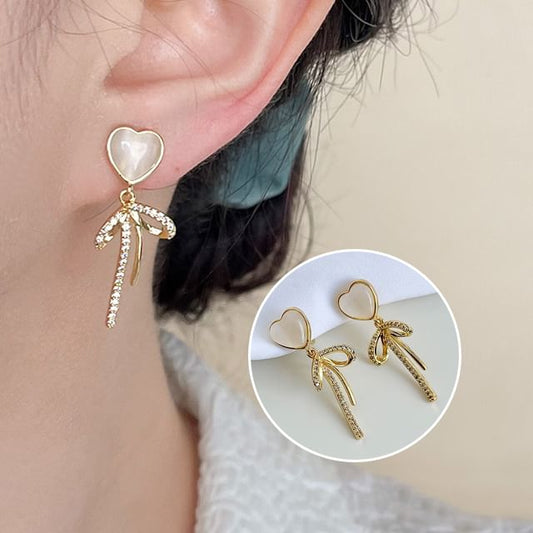 On Rhinestone Drop Earring Bow Heart Clip