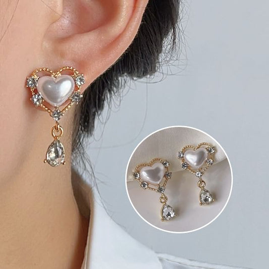 Clip Rhinestone Earring Pearl Heart On Faux Drop