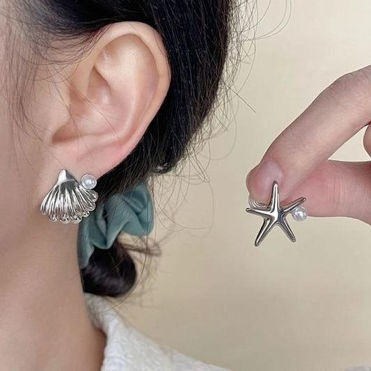 On Pearl Asymmetrical Faux Earring Starfish Clip Shell