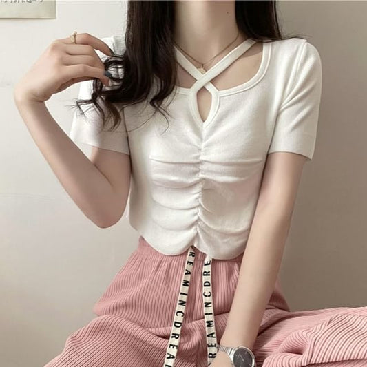 Criss Knit Notch Top Plain Cross Short-Sleeve Neck Ruched