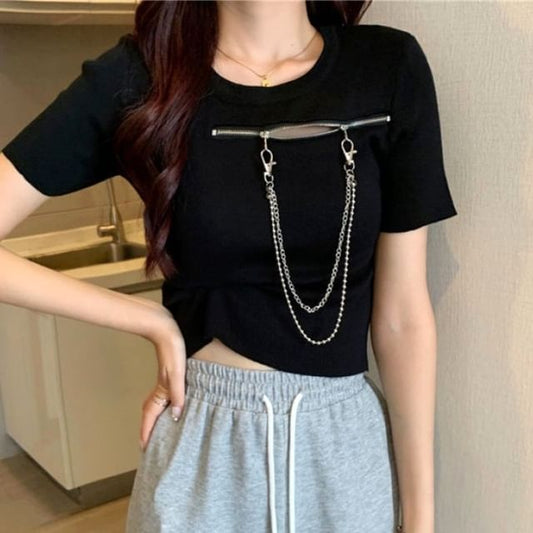 Plain T-Shirt Zip Short-Sleeve Crew Neck Chain