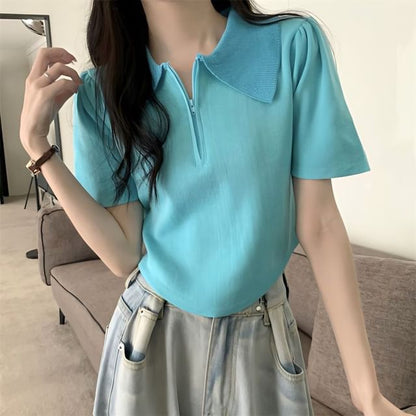 Short-Sleeve Collared Top Knit Zip Half