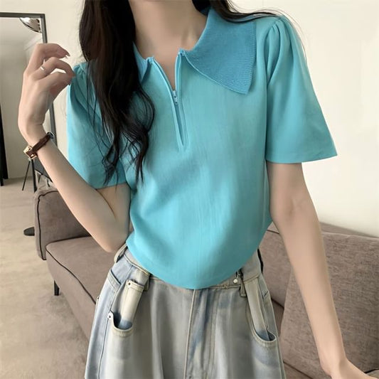 Short-Sleeve Collared Top Knit Zip Half