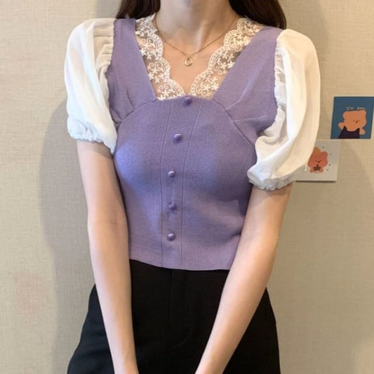 Embroidered V-Neck Top Short-Sleeve Button Panel