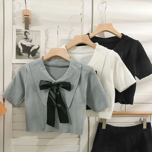 Collared Bow Top Crop Knit Short-Sleeve