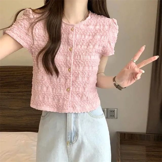 Frill Neck Button Round Plain Short-Sleeve Top