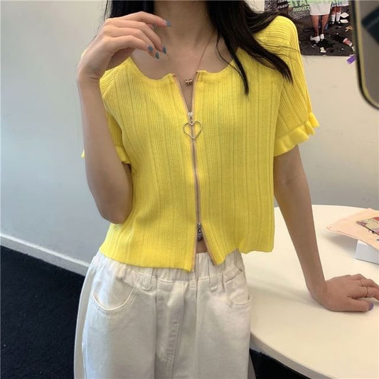 Ribbed Plain Round Zip Neck Cardigan Short-Sleeve