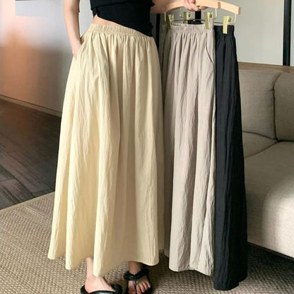 Maxi A-Line Skirt Elastic Waist Plain