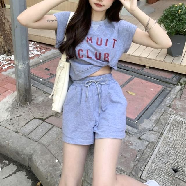T-Shirt Print Crew Shorts Plain Lettering Neck Drawstring Set: Short-Sleeve + Waist