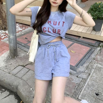 T-Shirt Print Crew Shorts Plain Lettering Neck Drawstring Set: Short-Sleeve + Waist