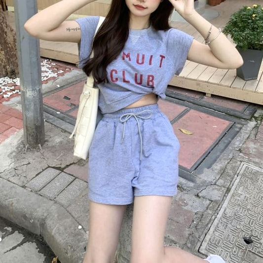 T-Shirt Print Crew Shorts Plain Lettering Neck Drawstring Set: Short-Sleeve + Waist