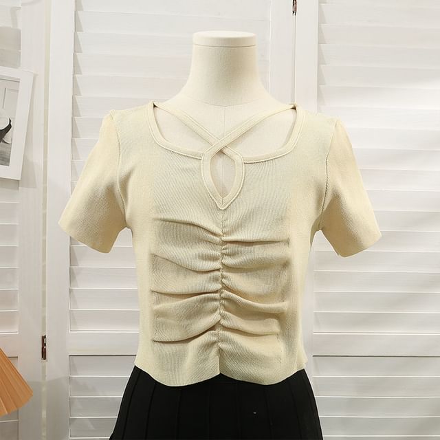Criss Knit Notch Top Plain Cross Short-Sleeve Neck Ruched