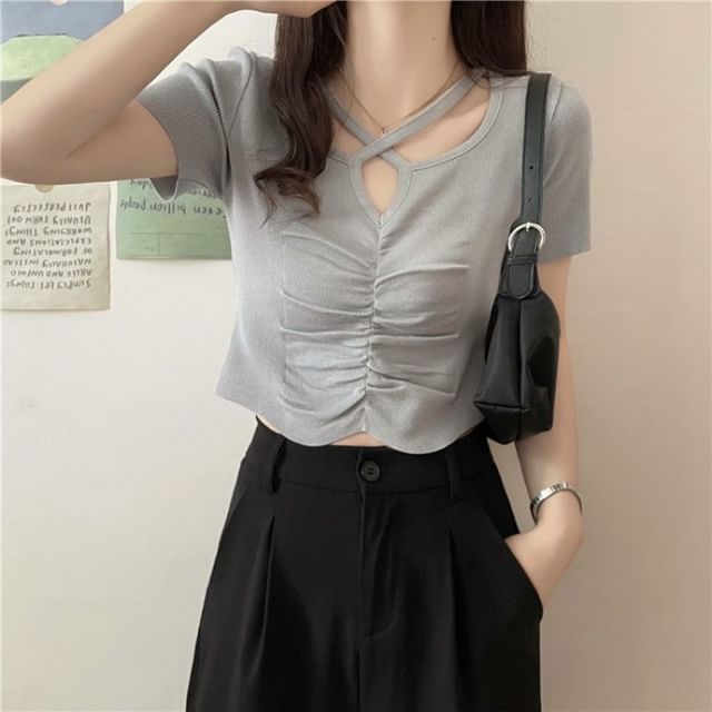 Criss Knit Notch Top Plain Cross Short-Sleeve Neck Ruched