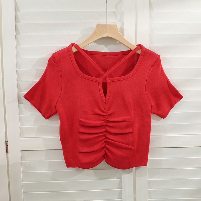 Criss Knit Notch Top Plain Cross Short-Sleeve Neck Ruched