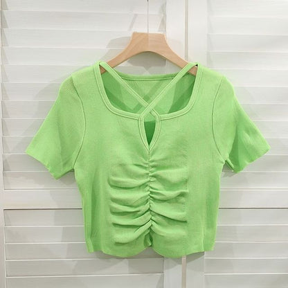 Criss Knit Notch Top Plain Cross Short-Sleeve Neck Ruched