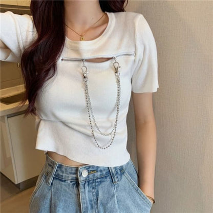 Plain T-Shirt Zip Short-Sleeve Crew Neck Chain
