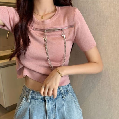 Plain T-Shirt Zip Short-Sleeve Crew Neck Chain