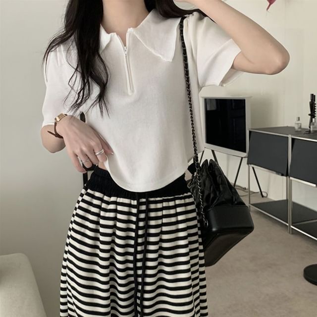 Short-Sleeve Collared Top Knit Zip Half