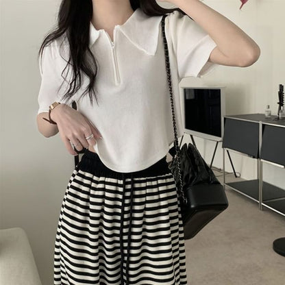 Short-Sleeve Collared Top Knit Zip Half