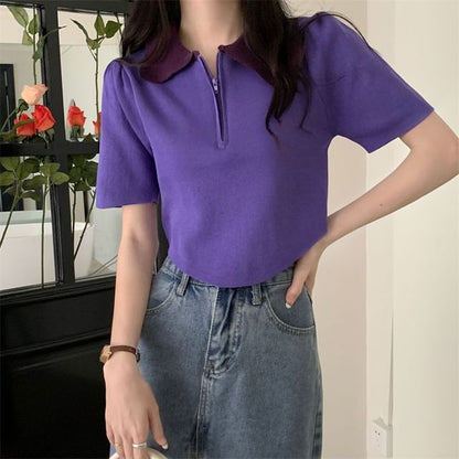 Short-Sleeve Collared Top Knit Zip Half