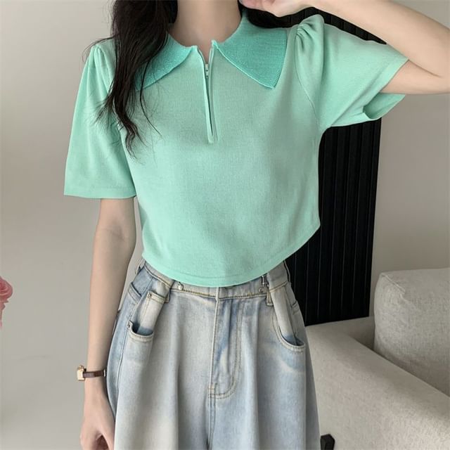 Short-Sleeve Collared Top Knit Zip Half