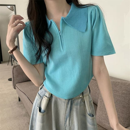 Short-Sleeve Collared Top Knit Zip Half