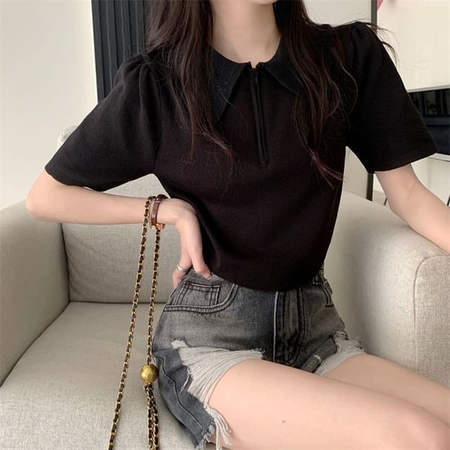 Short-Sleeve Collared Top Knit Zip Half