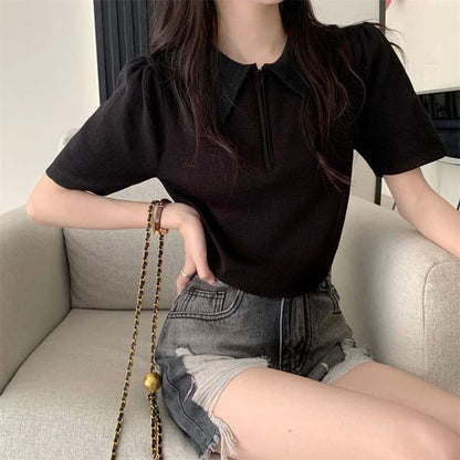 Short-Sleeve Collared Top Knit Zip Half