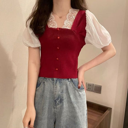 Embroidered V-Neck Top Short-Sleeve Button Panel