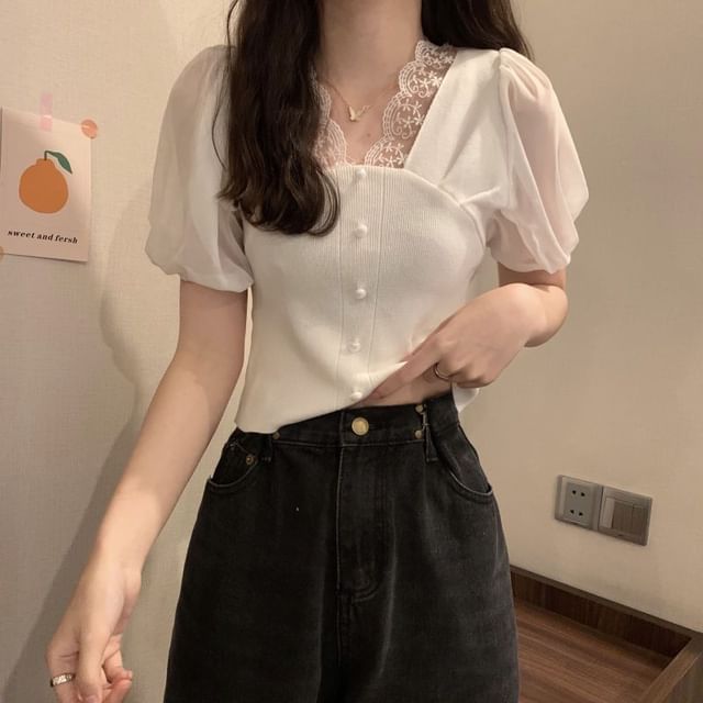 Embroidered V-Neck Top Short-Sleeve Button Panel